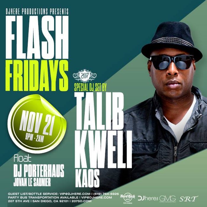 Flash Fridays flyer — special DJ set by Talib Kweli, Float at Hard Rock Hotel San Diego