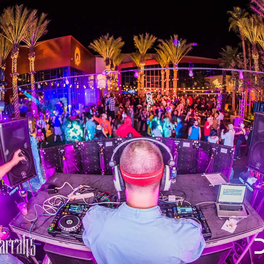 Wide shot of the outdoor stage and crowd at Haunted Harrah's